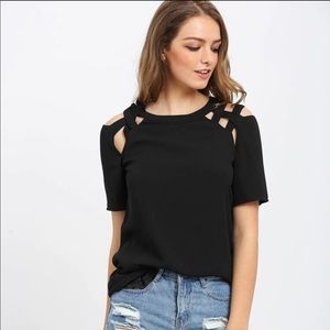 Black shirt sleeve shirt with cutout shoulders